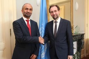 أحمد بن محمد الجروان رئيس البرلمان العربي ، بالمفوض السامي للأمم المتحدة لحقوق الإنسان الأمير زيد بن رعد ،
